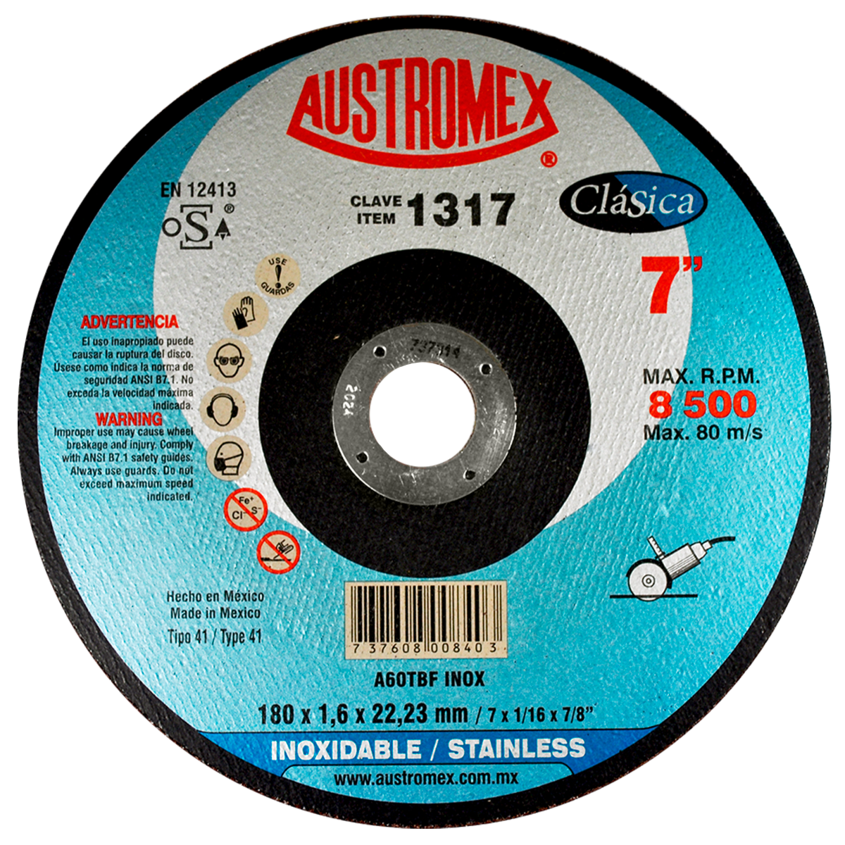Disco de corte de acero inoxidable 180 mm — Austromex clave 1317