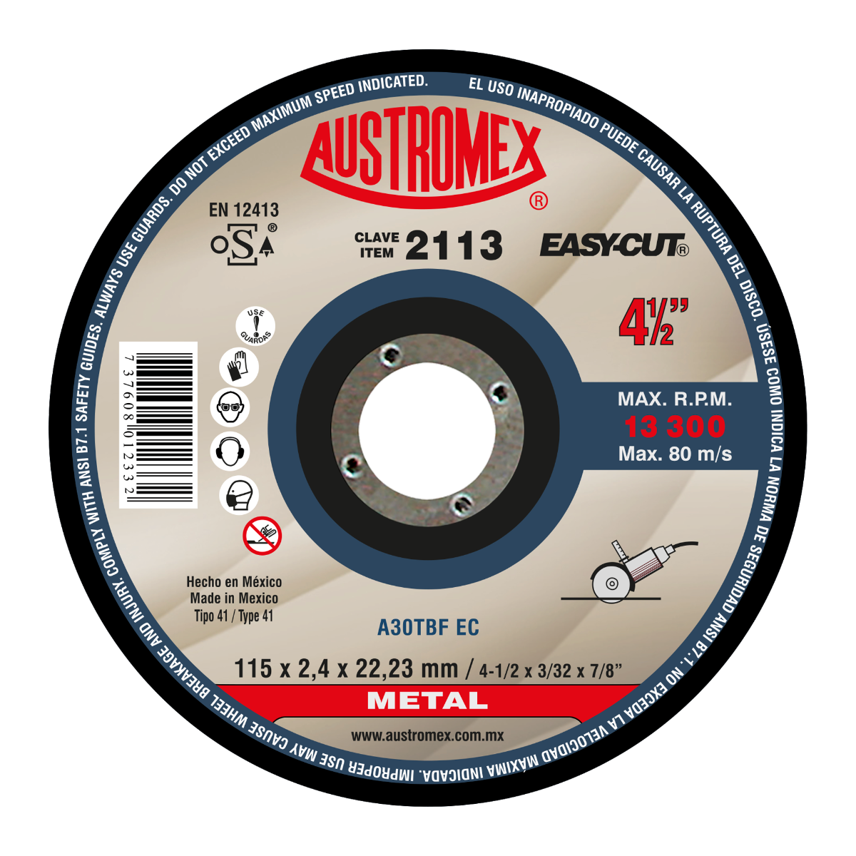 Disco de corte de metal 115 mm uso general — Austromex clave 2113