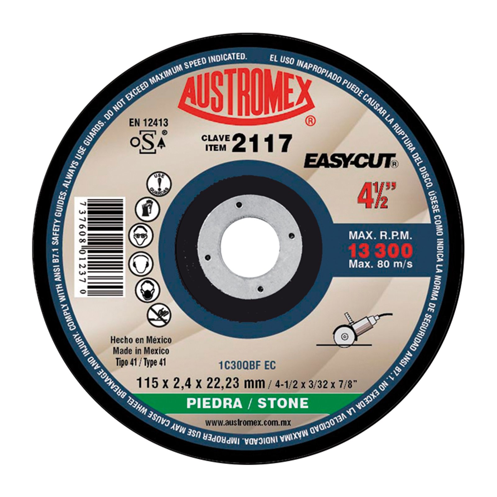 Disco de corte de piedra y concreto 115 mm — Austromex clave 2117