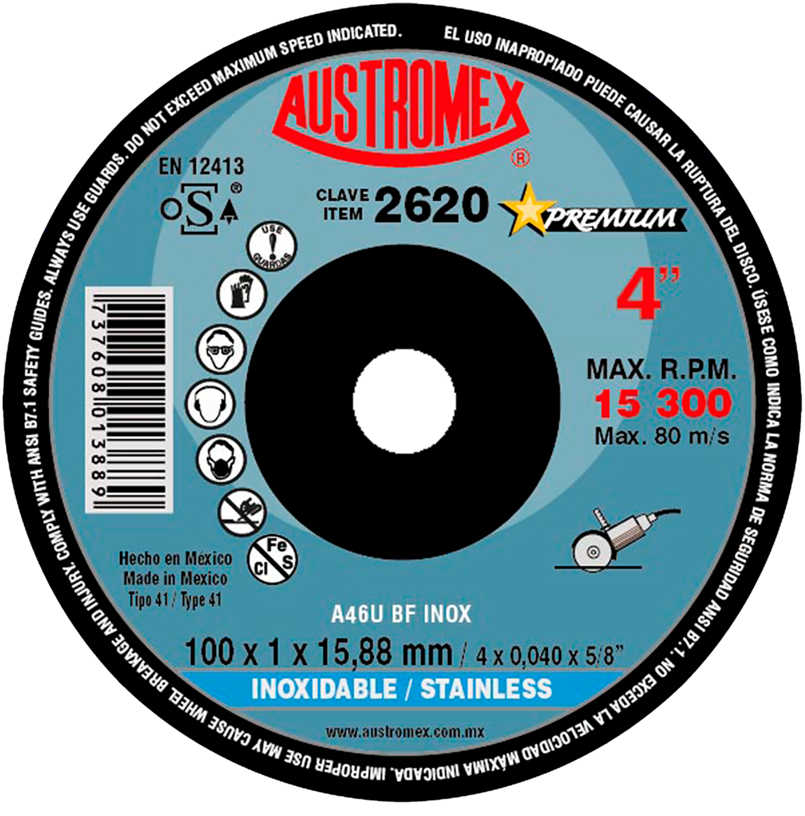 Disco de corte de acero inoxidable 100 mm — Austromex clave 2620