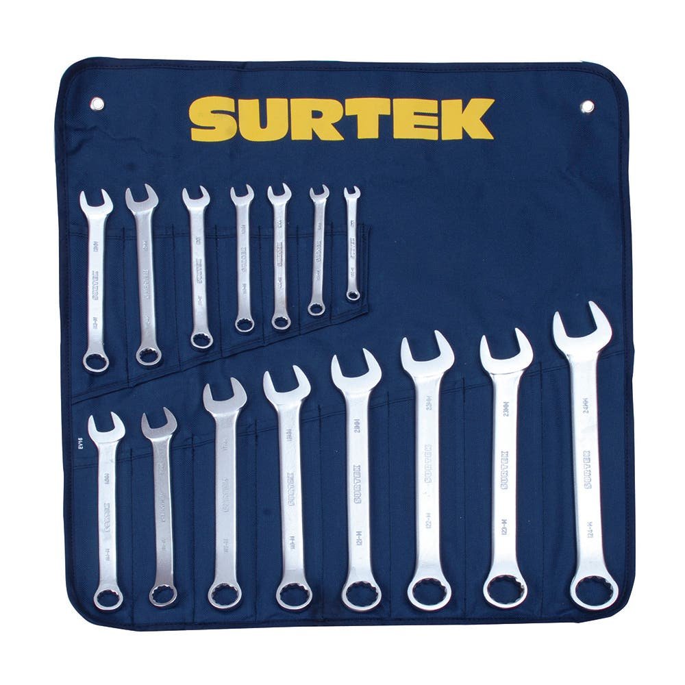 Juego de llaves combinadas satinadas métricas, 12 puntas, 15 piezas en estuche Surtek COM16M